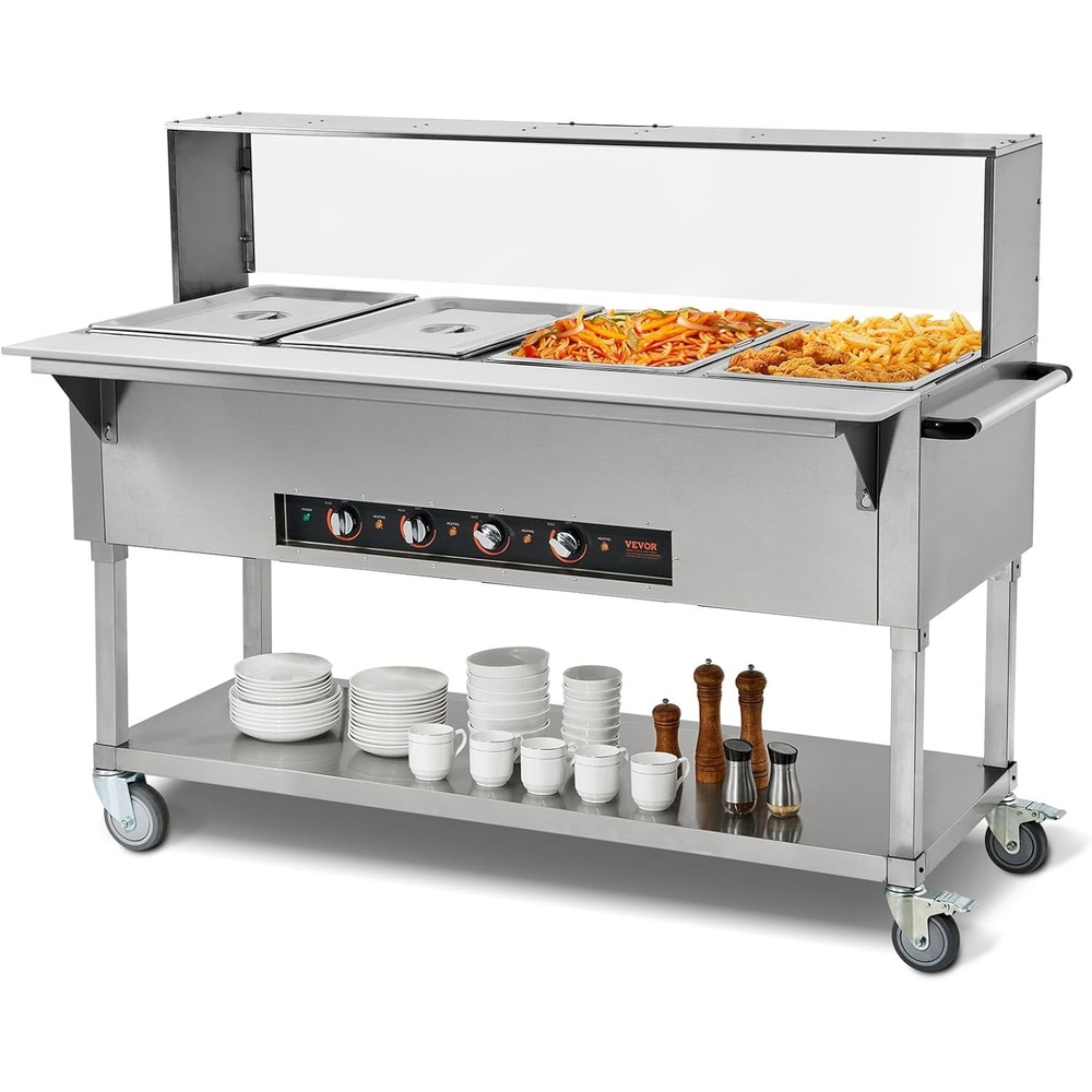image:imageVEVOR 5Pan Commercial Food Warmer 5 x 206QT Electric Steam Table 3750W Professional Buffet Catering Food Warmer with Acrylic Sneeze Guard Food Grade Stainless Steel Server for Party Restaurant4Pan96QT