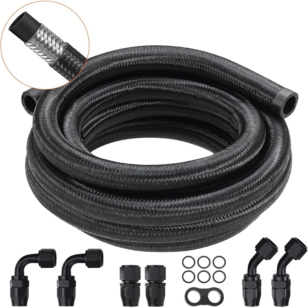 image:imageVEVOR 6AN Fuel Line Kit 20 FT Fuel Hose Kit 034 Nylon Stainless Steel Braided Fuel Line OilGasDiesel Hose End Fitting Kit with 12 PCS Swivel Fitting Adapter Kit Black10AN Fitting 7pcs  10FT Hose