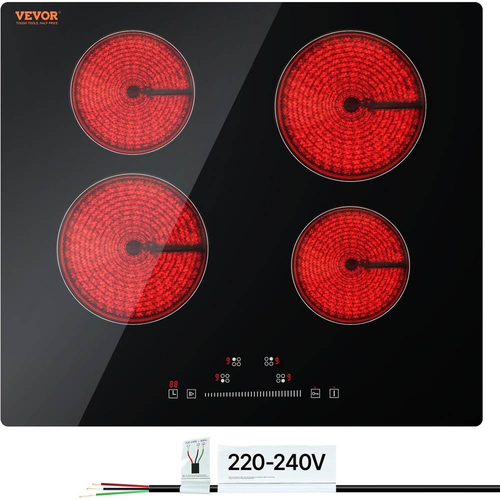image:imageVEVOR Built in Electric Stove Top 12 inch 2 Burners 240V Glass Radiant Cooktop with Sensor Touch Control Timer amp Child Lock Included 9 Power Levels for Simmer Steam Slow Cook Fry24 IN4 BurnerTouch Control