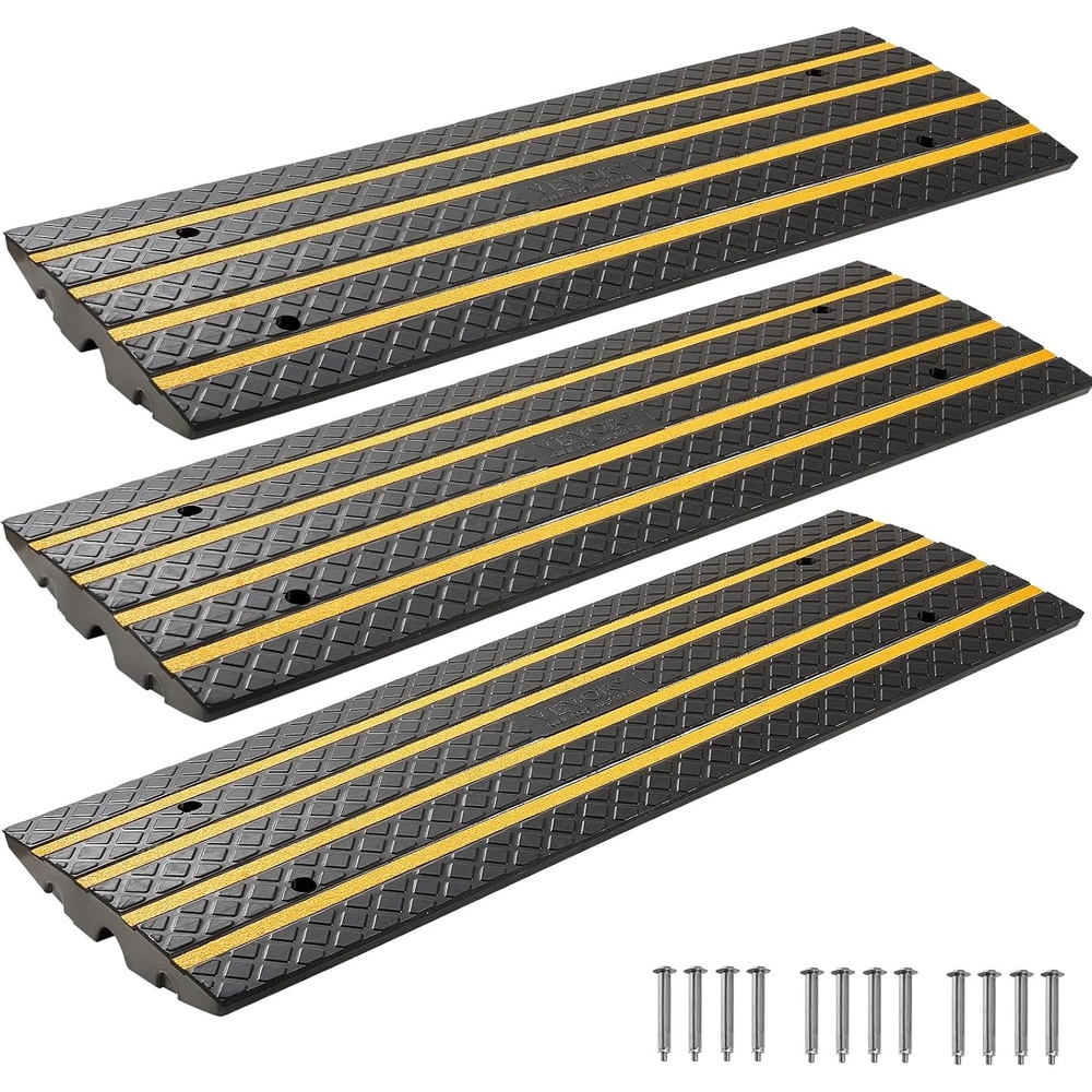 image:imageVEVOR Car Driveway Rubber Curb Ramp 1 Pack 4FT Long Heavy Duty Low Profile Slope Ramps 26 Rise 33069 lbs Load Capacity Reflective Safety Strips for Vehicles RVs and Wheelchairs488inchLong 3 Pack