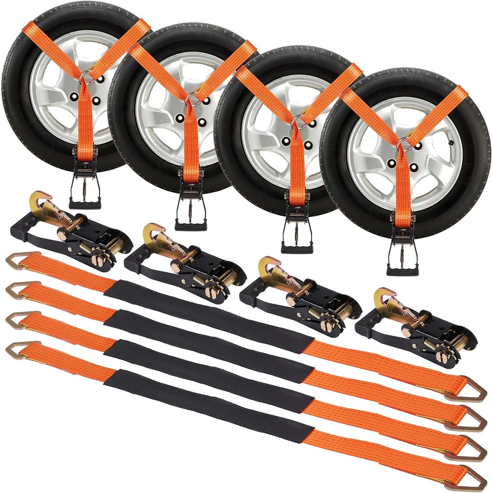 image:imageVEVOR Car Tie Down with Chain Anchors Lasso Style 2120 Tire Straps 5865 LBS Working Load 11023 LBS Breaking Strength with Heavy Duty Ratchets for Passenger Car ATV SUV UTV Truck 4PackAxleType with Spring HookOrange
