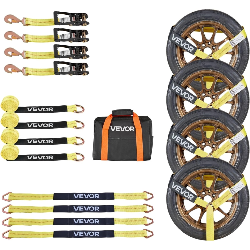 image:imageVEVOR Car Tie Down with Chain Anchors Lasso Style 2120 Tire Straps 5865 LBS Working Load 11023 LBS Breaking Strength with Heavy Duty Ratchets for Passenger Car ATV SUV UTV Truck 4PackTireStyle with Spring Hook