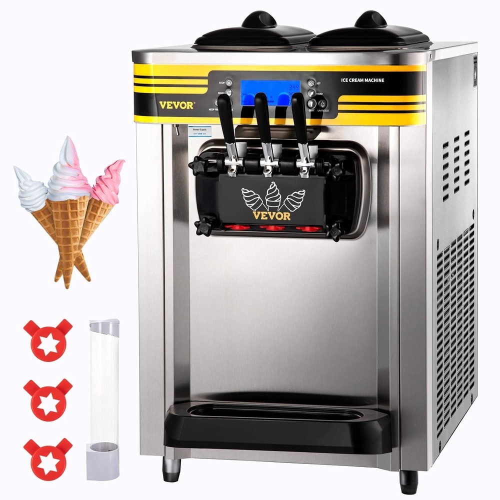 image:imageVEVOR Commercial Ice Cream Maker 2230LH Yield Countertop Soft Serve Machine with 2x6L Hopper 2L Cylinder LCD Panel Puffing Shortage Alarm Frozen Yogurt Maker for Restaurant Snack BarSilver