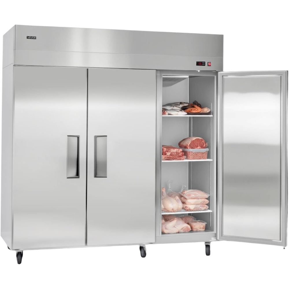 image:imageVEVOR Commercial ReachIn Freezer 48 W 33 CuFt Stainless Steel Upright Freezer with Double Glass Doors AutoDefrost 6 Adjustable Shelves 11 to 14 Temp Control UL Certified72W 52 Cuft Three DoorsFreezer
