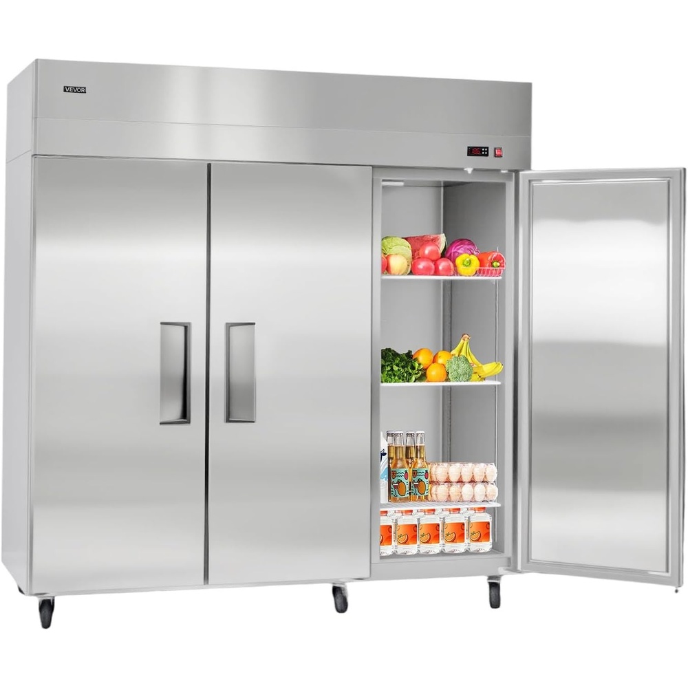 image:imageVEVOR Commercial ReachIn Freezer 48 W 33 CuFt Stainless Steel Upright Freezer with Double Glass Doors AutoDefrost 6 Adjustable Shelves 11 to 14 Temp Control UL Certified72W 52 Cuft Three DoorsRefrigerator