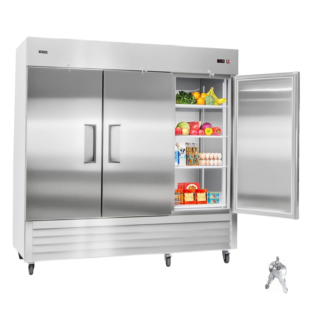 image:imageVEVOR Commercial ReachIn Refrigerator 54 W 44 CuFt Stainless Steel Upright Refrigerator with Double Glass Doors AutoDefrost 8 Adjustable Shelves 32 to 50 Temp Control ETL Certified85W 3 DoorsRefrigerator