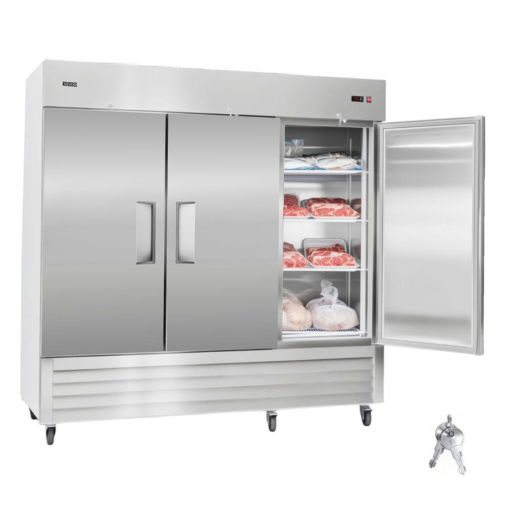 image:imageVEVOR Commercial ReachIn Refrigerator 54 W 44 CuFt Stainless Steel Upright Refrigerator with Double Glass Doors AutoDefrost 8 Adjustable Shelves 32 to 50 Temp Control ETL Certified85W 3 DoorsFreezer