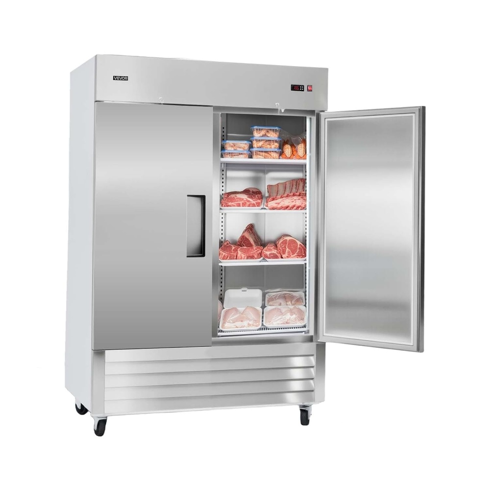 image:imageVEVOR Commercial ReachIn Refrigerator 54 W 44 CuFt Stainless Steel Upright Refrigerator with Double Glass Doors AutoDefrost 8 Adjustable Shelves 32 to 50 Temp Control ETL Certified54W 2 DoorsFreezer