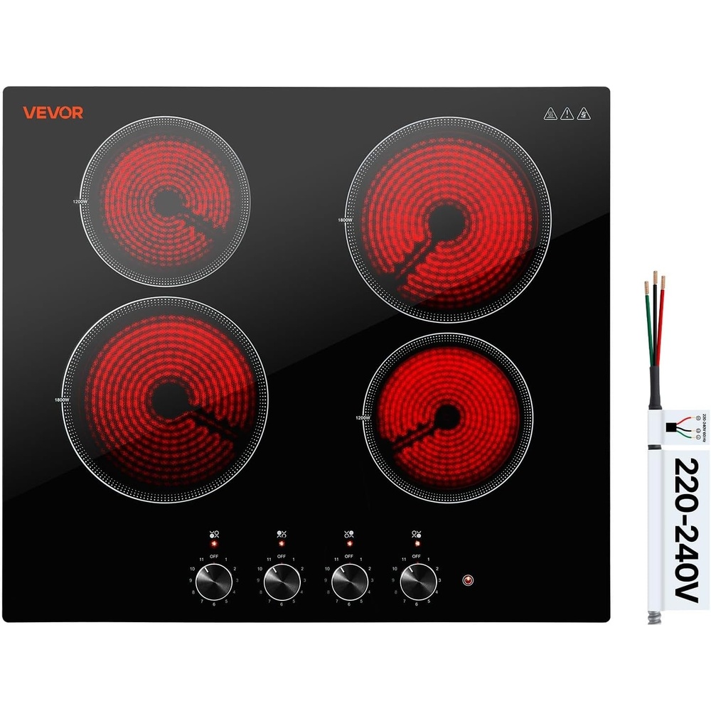 image:imageVEVOR Electric Radiant Cooktop Builtin Electric Stove Top with Glass Panel Knob Control 11 Heat Levels for Diverse Cooking Requirements 24inch4burners220V24 IN4 BurnerKnob Control