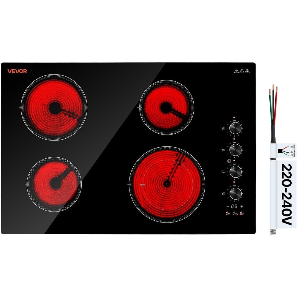 image:imageVEVOR Electric Radiant Cooktop Builtin Electric Stove Top with Glass Panel Knob Control 11 Heat Levels for Diverse Cooking Requirements 24inch4burners220V30 IN4 BurnerKnob Control