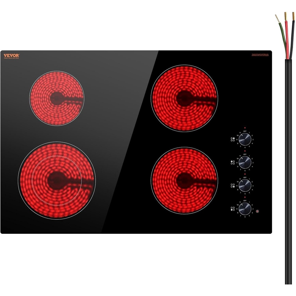 image:imageVEVOR Electric Radiant Cooktop Builtin Electric Stove Top with Glass Panel Knob Control 11 Heat Levels for Diverse Cooking Requirements 24inch4burners220V30IN