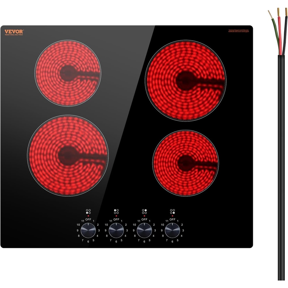 image:imageVEVOR Electric Radiant Cooktop Builtin Electric Stove Top with Glass Panel Knob Control 11 Heat Levels for Diverse Cooking Requirements 24inch4burners220V24IN