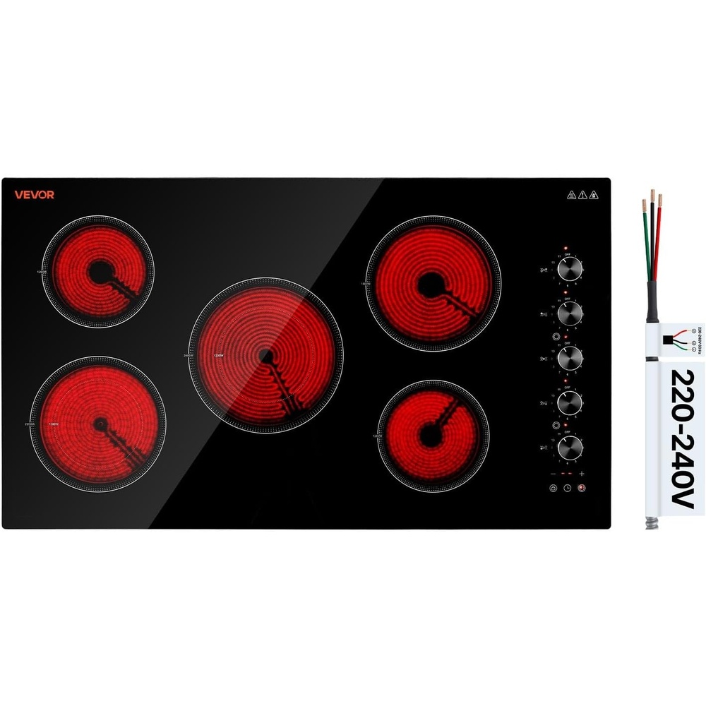 image:imageVEVOR Electric Radiant Cooktop Builtin Electric Stove Top with Glass Panel Knob Control 11 Heat Levels for Diverse Cooking Requirements 24inch4burners220V36 IN5 BurnerKnob Control