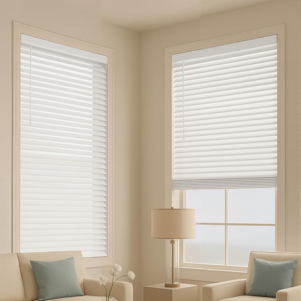 image:imageVEVOR Faux Wood Blinds 2 Slat 345 W x 60 H Cordless Window Blinds and Shades with Decorative Board Easy to Clean and Simple Light Adjustment for Room Darkening Home Interior Windows White