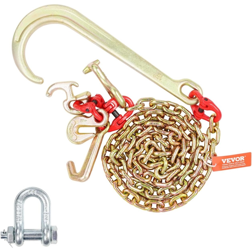 image:imageVEVOR G80 V Bridle Chain 516 x 2 Towing Chain Bridle with 15 J Hooks and Grab Hooks Heavy Duty Transport Tow Chain Bridle with 10800 lbs Safe Working Load for Flatbed Truck Wrecker Recovery516Inch x 6FT