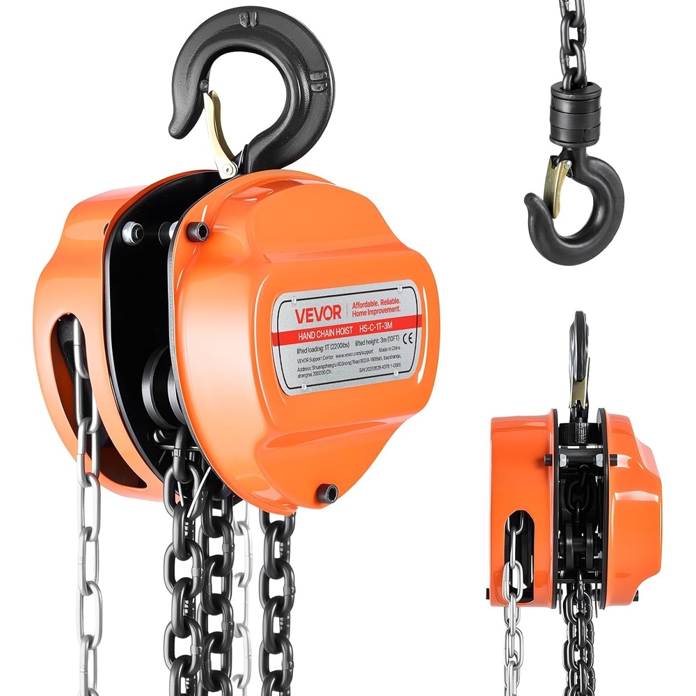 image:imageVEVOR Hand Chain Hoist 1 Ton 2200 lbs Capacity Manual Chain Block with Upgrade G70 Galvanized Chain 10 ft Lifting Height Heavy Duty Pulley Hoist for Garage Warehouse Automotive Machinery RedOrange