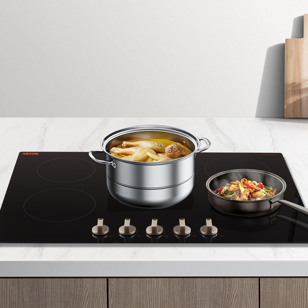 image:imageVEVOR Induction Cooktop 6600W Electric Countertop Burner 4 Burner Knob Control Stove Builtin Induction Cooktop with 12 Temperature Settings Glass Surface Auto ShutOff36in 5 Burners220V