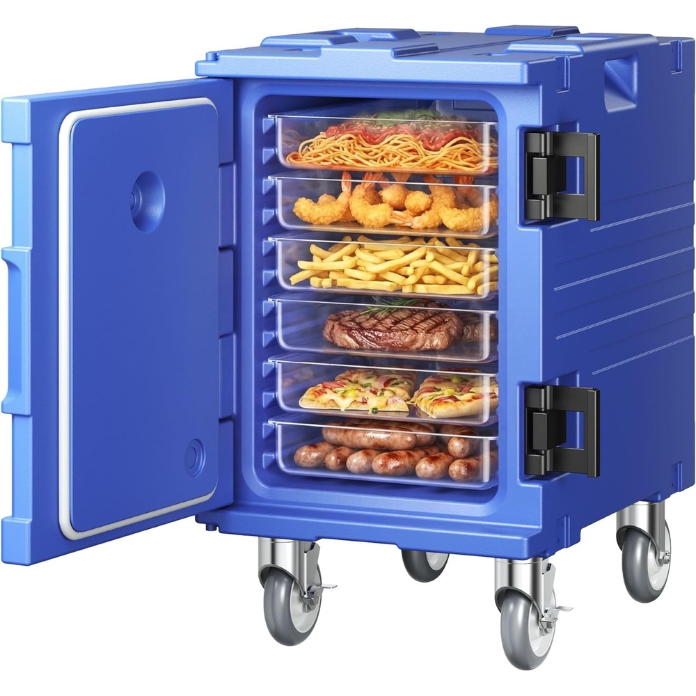 image:imageVEVOR Insulated Food Pan Carrier 127 Qt Hot Box for Catering LLDPE Food Box Carrier wDouble Buckles Front Loading Food Warmer wHandles End Loader wWheels for Restaurant Canteen etc BlackBlue