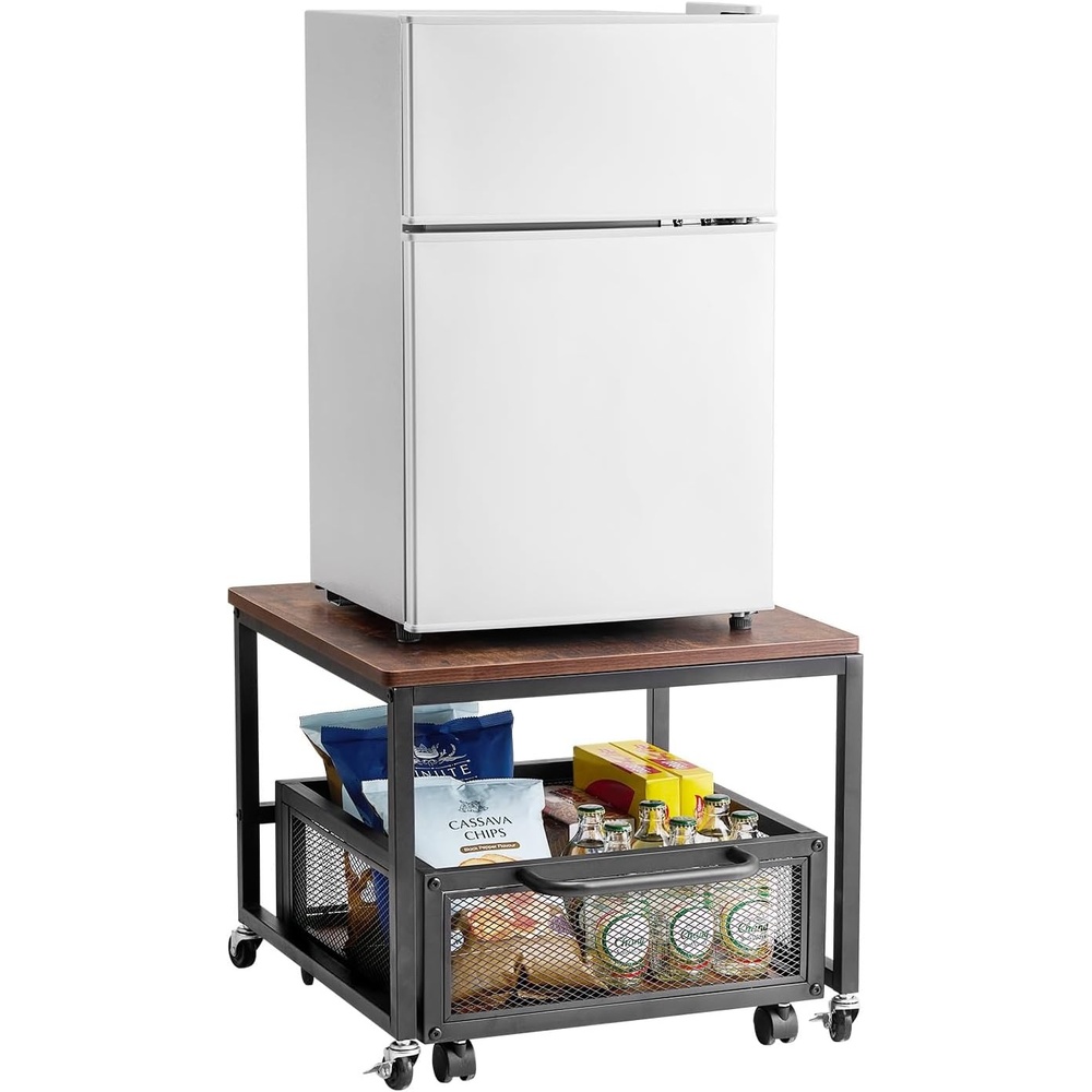 image:imageVEVOR Mini Fridge Stand with Storage 198 lbs Mini Fridge Table with Movable Storage Cart amp Swivel Wheels Beverage Refrigerator Stand for Coffee Bar Mini Fridge Organizer for Home Dorm Light BrownDark Brown