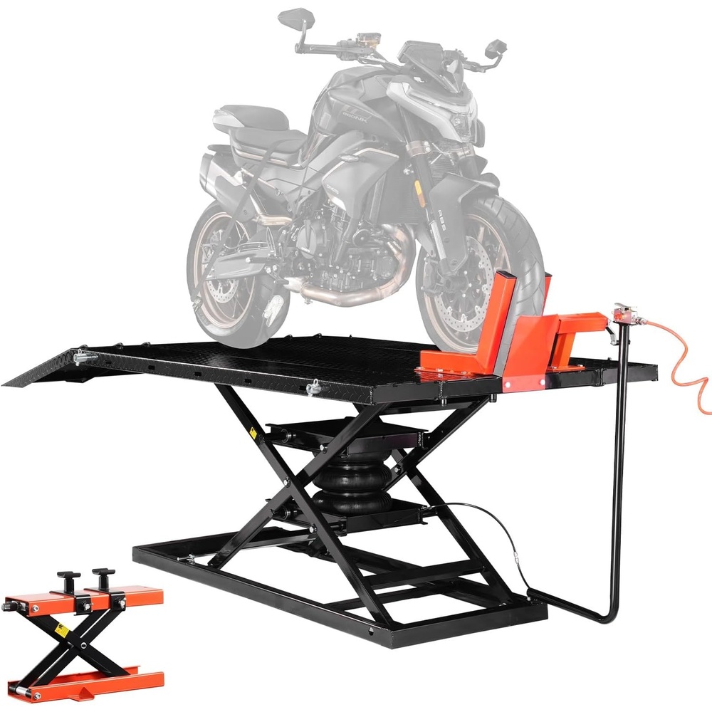 image:imageVEVOR Motorcycle Lift Table 1500lbs Weight Capacity Pneumatic Motorcycle Jack 8631 in Height Range Heavy Duty Bike Repair Stand with Removable Workbench Repair Platform for ATVs Dirt Bike