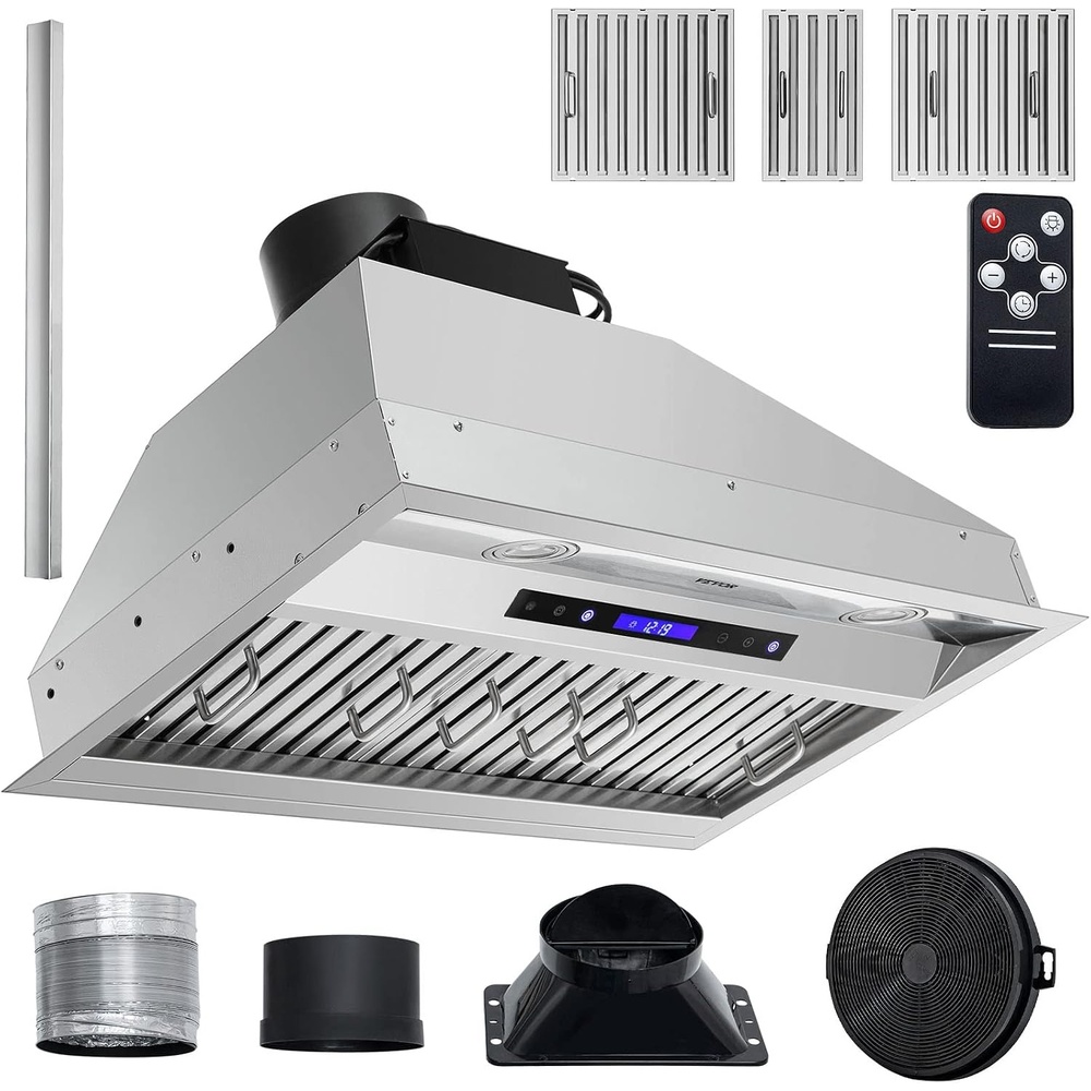 image:imageVEVOR Range Hood Insert 30 Inch Builtin Kitchen Vent Hood 800CFM Stainless Steel Stove Hood with Gesture amp Touch Control LED Light Baffle Filters 4Speed Exhaust Fan DuctedDuctless Convertible4Speed Touch Remote Control 30 Inch900 CFM