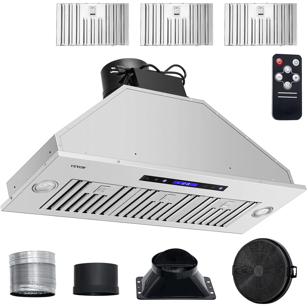 image:imageVEVOR Range Hood Insert 30 Inch Builtin Kitchen Vent Hood 800CFM Stainless Steel Stove Hood with Gesture amp Touch Control LED Light Baffle Filters 4Speed Exhaust Fan DuctedDuctless Convertible4Speed Touch Remote Control 36 Inch900 CFM