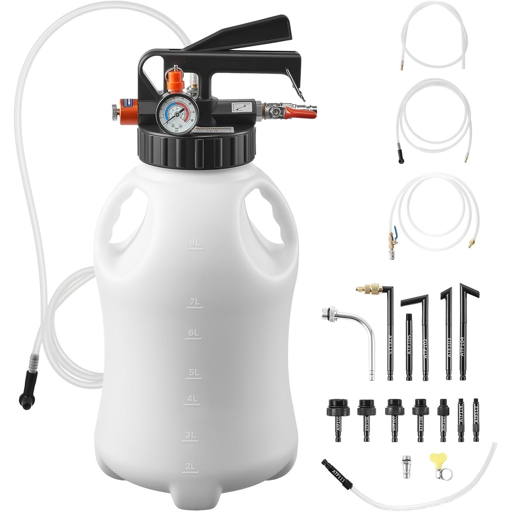 image:imageVEVOR Transmission Fluid Pump 8 L Pneumatic Oil Fluid Extractor ATF Refill Dispenser Transfer Pump with 15 ATF Adapters Oil Extractor Dispenser with HDPE Tank for Cars Boats Lawn Mowers8L