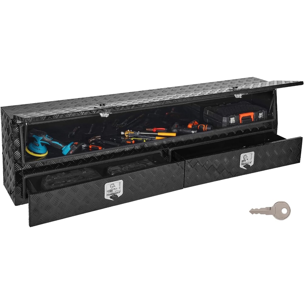 image:imageVEVOR Truck Tool Box 88 x 16 x 13 Inch Black Aluminum Tread Topsider Toolbox with Dual Drop Doors Heavy Duty Lockable Storage and Organization Box with Latch CorrosionResistant for Truck Bed815 x 21 x 13 in