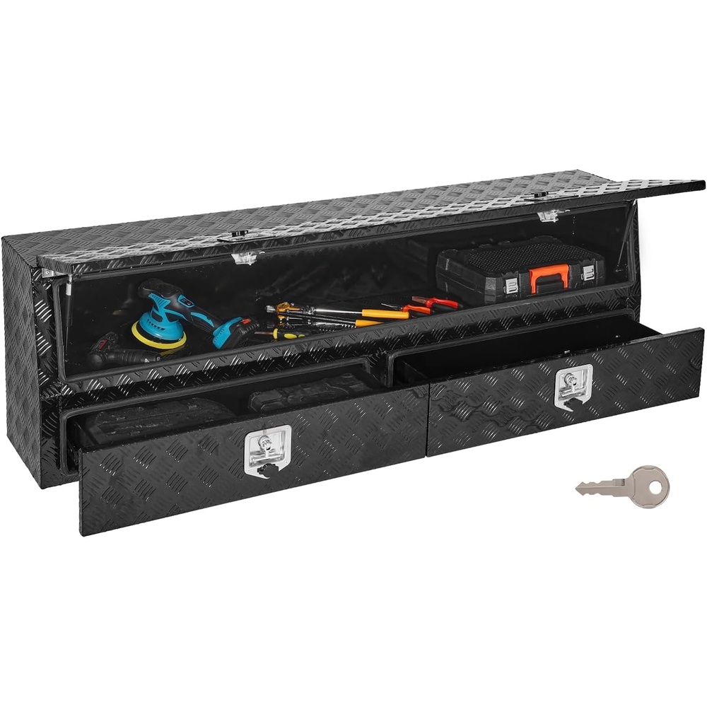 image:imageVEVOR Truck Tool Box 88 x 16 x 13 Inch Black Aluminum Tread Topsider Toolbox with Dual Drop Doors Heavy Duty Lockable Storage and Organization Box with Latch CorrosionResistant for Truck Bed72 x 21 x 13 in