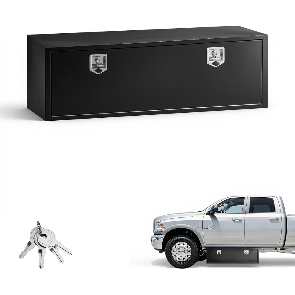 image:imageVEVOR Underbody Truck Tool Box 24 x 12 x 14 Inch Heavy Duty Steel Trailer Storage Box with Lock amp Keys Waterproof Trailer Storage Organizer Under Body Chest with THandle for Truck Van SUV Black601818