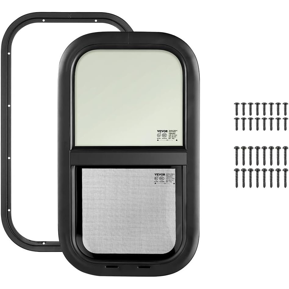 image:imageVEVOR Vertical RV Window 14 W x 22 H Black Tinted Sliding Window with Net Screen amp Trim Ring Fits 1516  1 34 Thickness Wall DOT Approved for RVs Trailers Campers and Cargo TrailersVertical