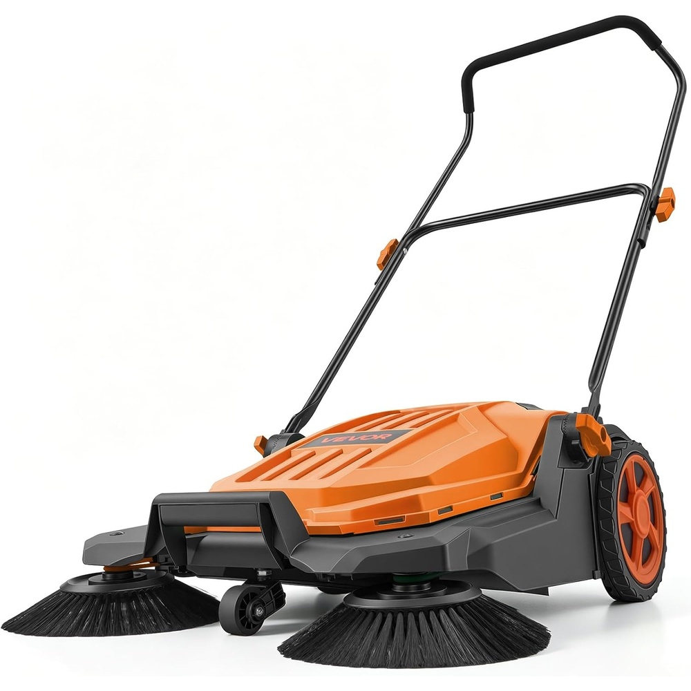 image:imageVEVOR WalkBehind Hand Push Floor Sweeper Manual Floor Sweeper NonElectric with 256 Sweeping Width 5 Gallons Waste Container amp Adjustable Folding Handle for Yards Walkways Patios Garages OrangeOrange