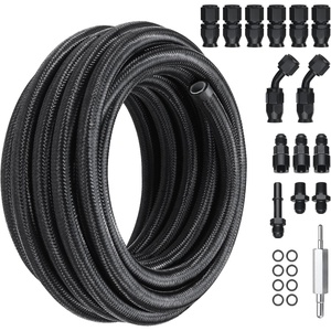 VEVOR 6AN Fuel Line Kit, 20 FT Fuel Hose Kit, 0.34″ Nylon Stainless Steel Braided Fuel Line Oil/Gas/Diesel Hose End Fitting Kit, with 12 PCS Swivel Fitting Adapter Kit, Black(6AN Fitting 15pcs + 25FT Hose)