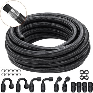 VEVOR 6AN Fuel Line Kit, 20 FT Fuel Hose Kit, 0.34″ Nylon Stainless Steel Braided Fuel Line Oil/Gas/Diesel Hose End Fitting Kit, with 12 PCS Swivel Fitting Adapter Kit, Black(6AN Fitting 12pcs + 20FT Hose)