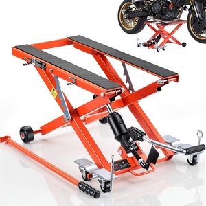 VEVOR Motorcycle Lift 1100lbs ATV Scissor Lift Jack with Dolly & Hand Crank | Garage Repair Center Hoist Crank Stand with Wide Deck and Tool Tray for Street Bikes, Cruiser Bikes, Touring Motorcycles | Garage Repair Center Hoist Crank Stand with Wide Deck and Tool Tray for Street Bikes, Cruiser Bikes, Touring Motorcycles(1100 lbs-Hydraulic-with 6 Wheels)
