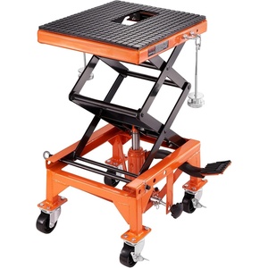 VEVOR Motorcycle Lift 1100lbs ATV Scissor Lift Jack with Dolly & Hand Crank | Garage Repair Center Hoist Crank Stand with Wide Deck and Tool Tray for Street Bikes, Cruiser Bikes, Touring Motorcycles | Garage Repair Center Hoist Crank Stand with Wide Deck and Tool Tray for Street Bikes, Cruiser Bikes, Touring Motorcycles(350 LBS Hydraulic Lift Table with Foot-Operated)
