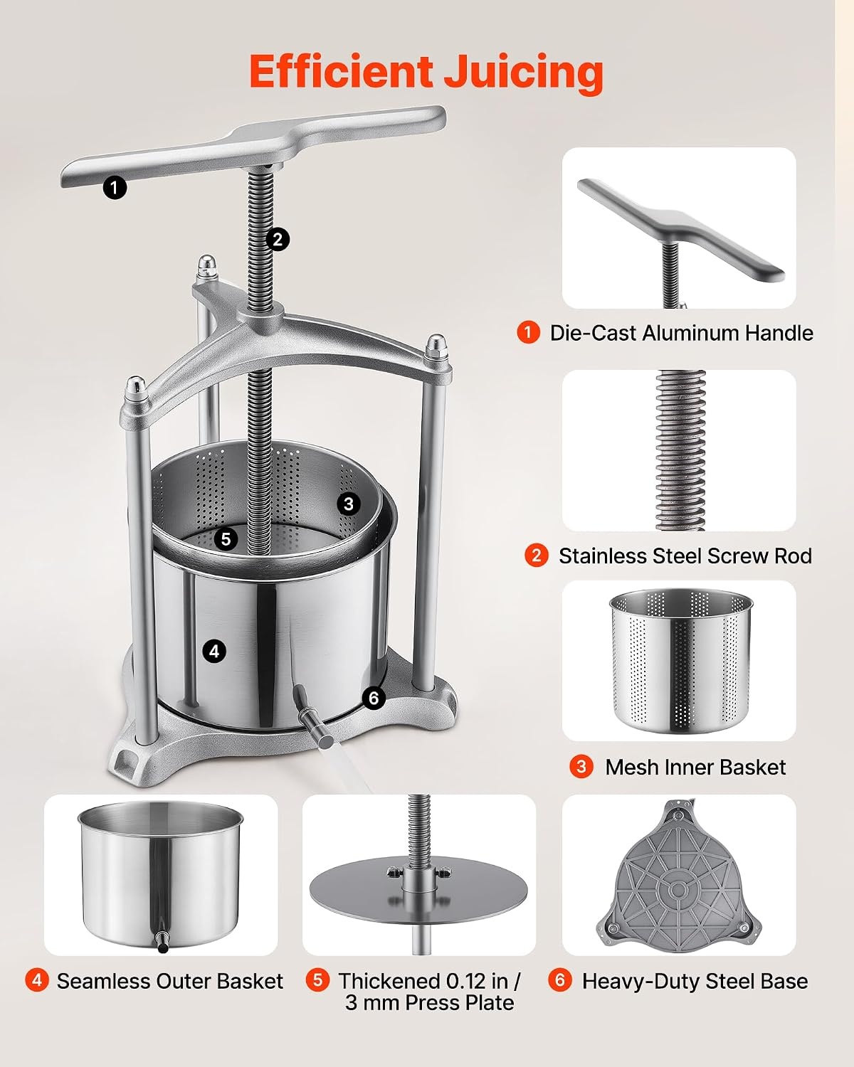 image:imageVEVOR 044 Gal165L Fruit Wine Press 2 Stainless Steel Barrels Manual Juice Maker Cider Apple Grape Tincture Honey Olive Oil Making Press with THandle for Outdoor Kitchen HomeSilver