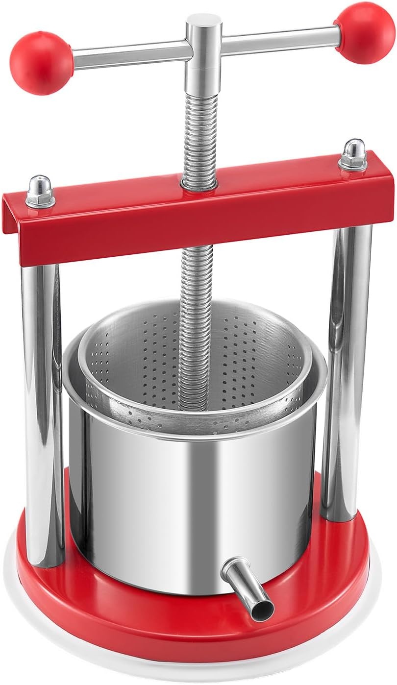 image:imageVEVOR 044 Gal165L Fruit Wine Press 2 Stainless Steel Barrels Manual Juice Maker Cider Apple Grape Tincture Honey Olive Oil Making Press with THandle for Outdoor Kitchen HomeRed