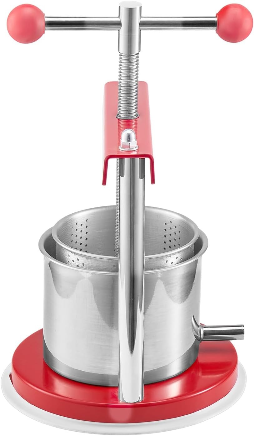 image:imageVEVOR 044 Gal165L Fruit Wine Press 2 Stainless Steel Barrels Manual Juice Maker Cider Apple Grape Tincture Honey Olive Oil Making Press with THandle for Outdoor Kitchen HomeRed