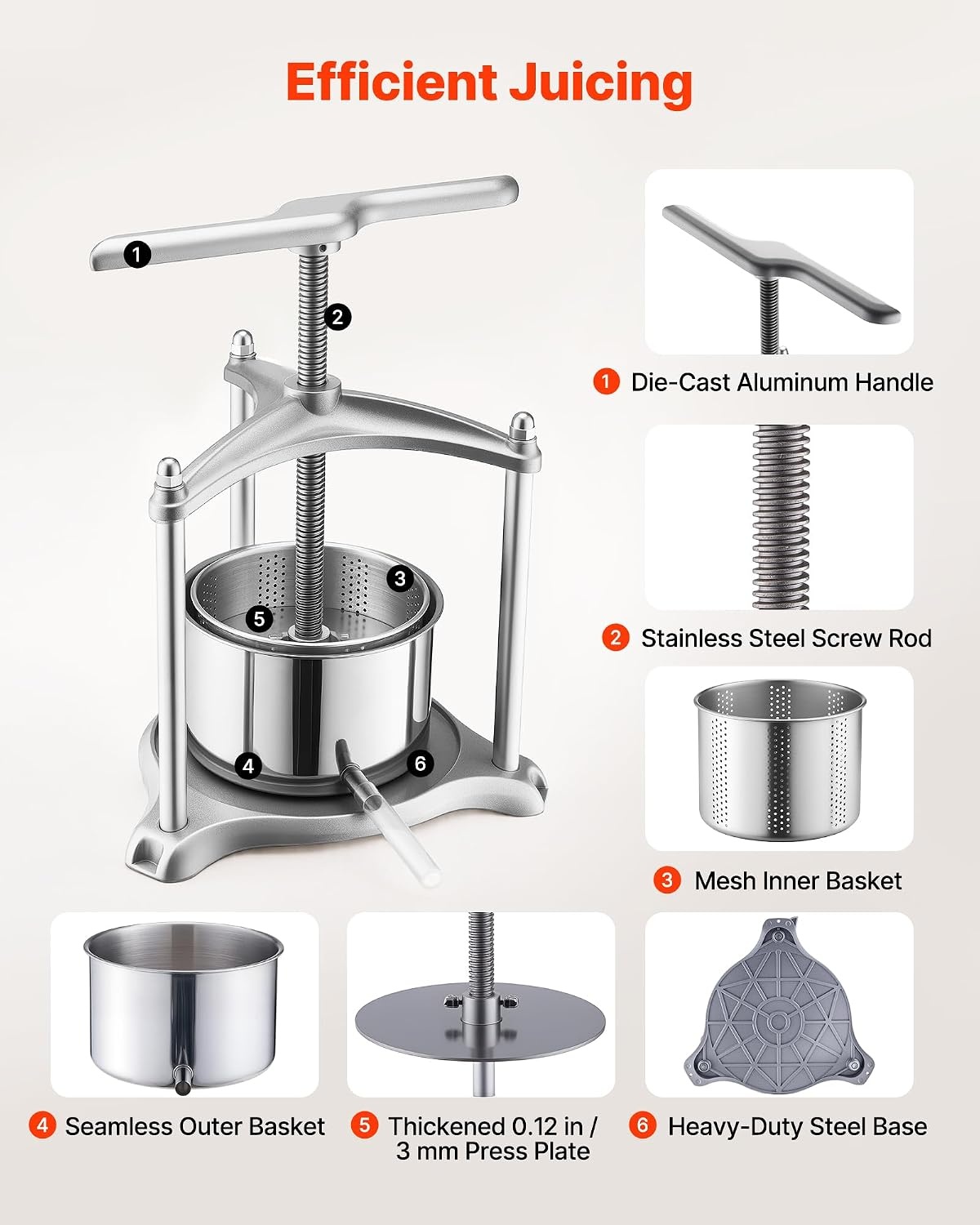 image:imageVEVOR 044 Gal165L Fruit Wine Press 2 Stainless Steel Barrels Manual Juice Maker Cider Apple Grape Tincture Honey Olive Oil Making Press with THandle for Outdoor Kitchen HomeSilver