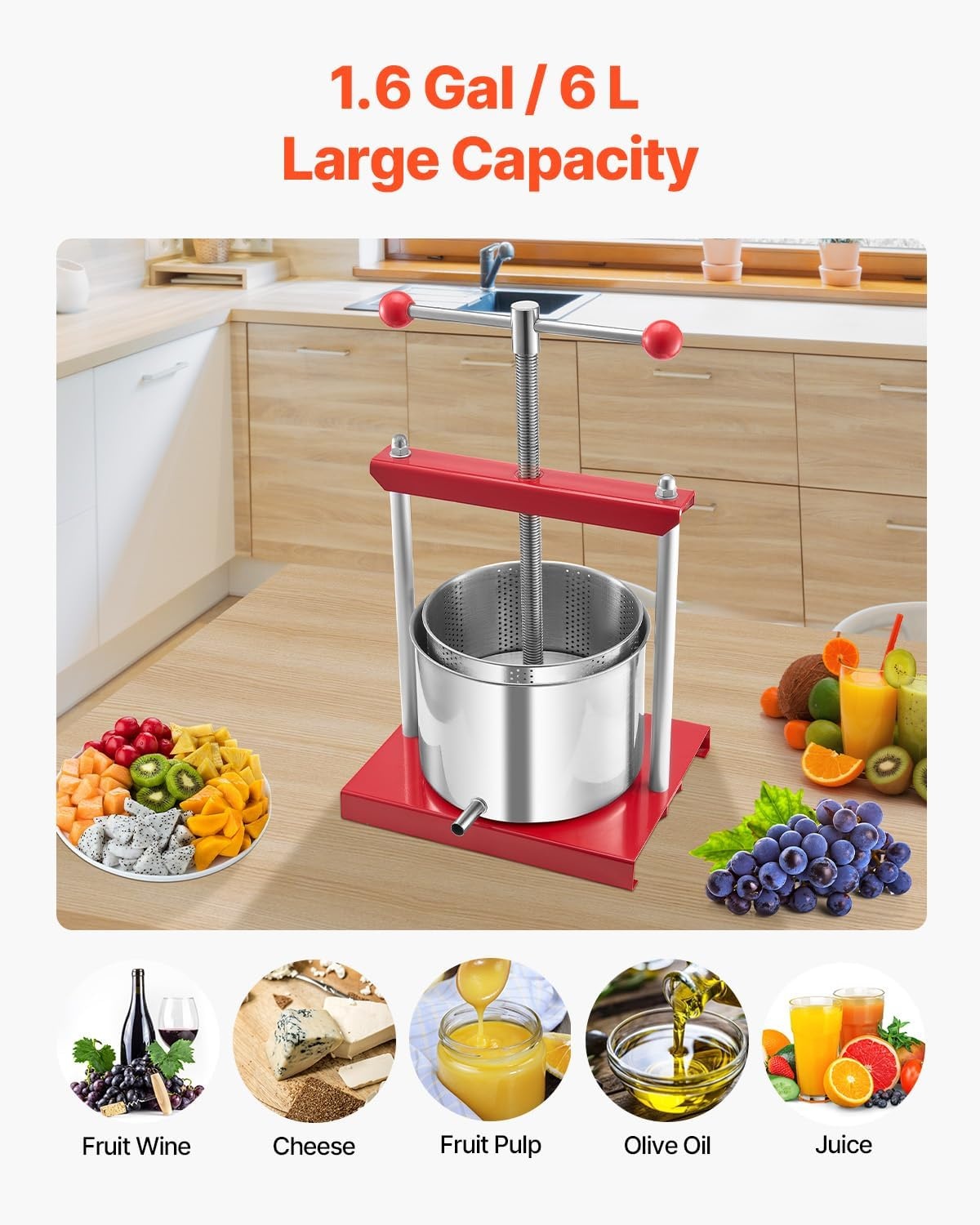 image:imageVEVOR 044 Gal165L Fruit Wine Press 2 Stainless Steel Barrels Manual Juice Maker Cider Apple Grape Tincture Honey Olive Oil Making Press with THandle for Outdoor Kitchen HomeRed
