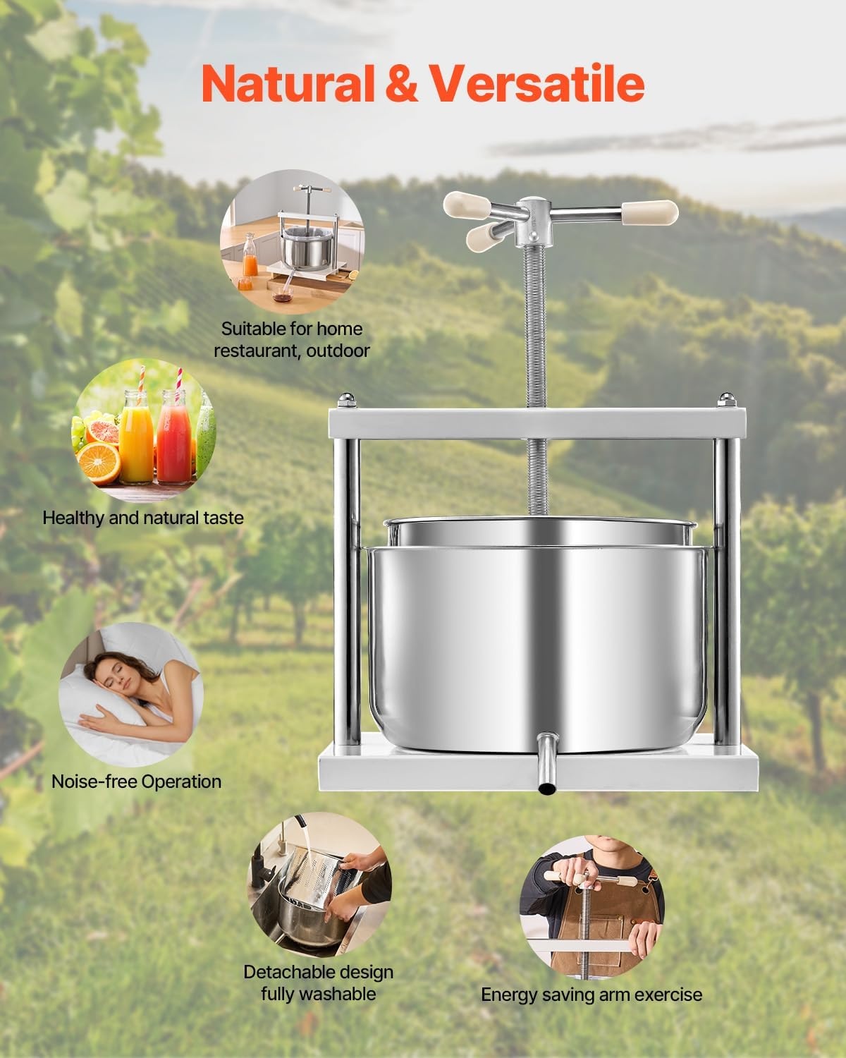image:imageVEVOR 044 Gal165L Fruit Wine Press 2 Stainless Steel Barrels Manual Juice Maker Cider Apple Grape Tincture Honey Olive Oil Making Press with THandle for Outdoor Kitchen HomeWhite