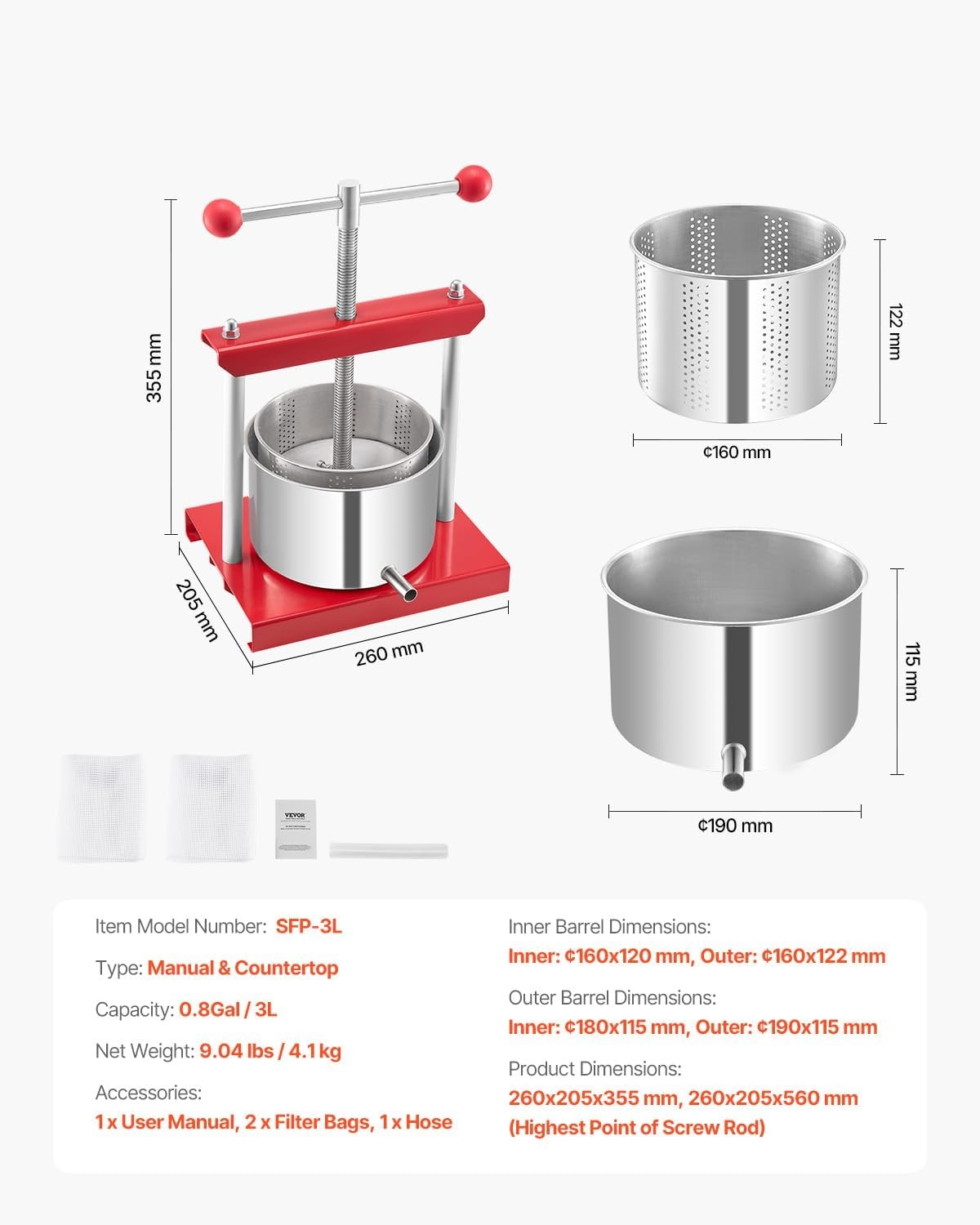 image:imageVEVOR 044 Gal165L Fruit Wine Press 2 Stainless Steel Barrels Manual Juice Maker Cider Apple Grape Tincture Honey Olive Oil Making Press with THandle for Outdoor Kitchen HomeRed