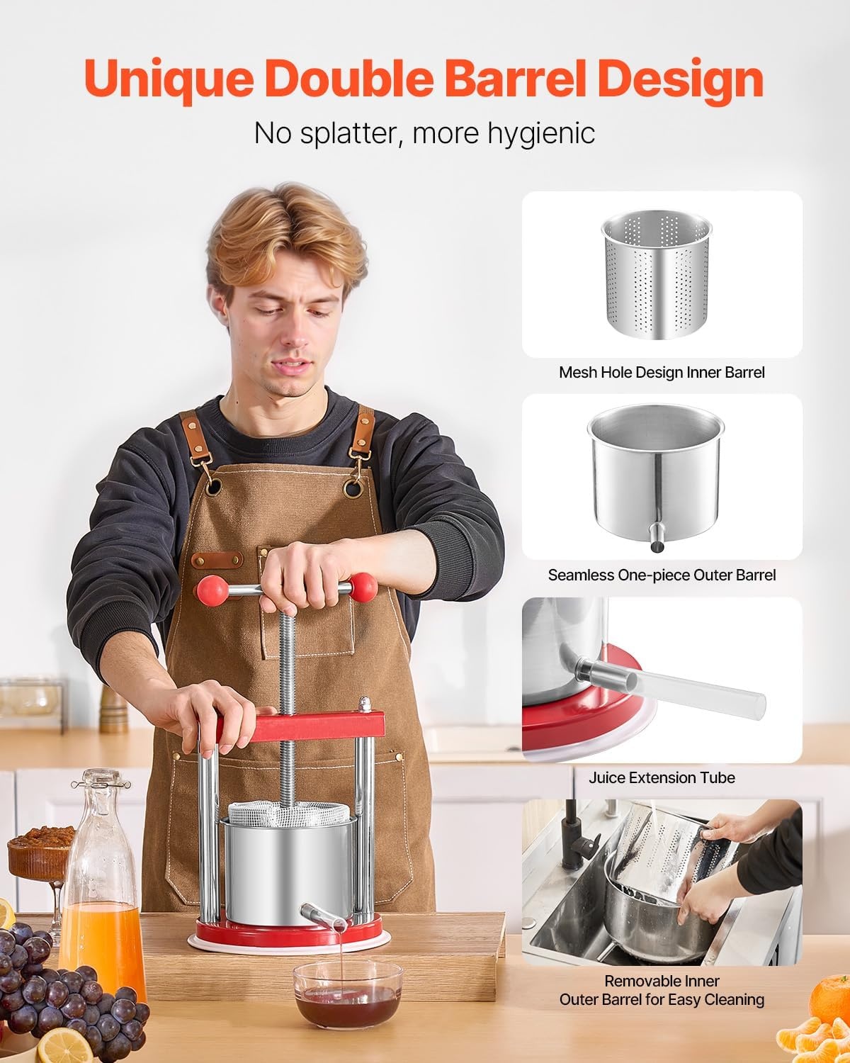 image:imageVEVOR 044 Gal165L Fruit Wine Press 2 Stainless Steel Barrels Manual Juice Maker Cider Apple Grape Tincture Honey Olive Oil Making Press with THandle for Outdoor Kitchen HomeRed