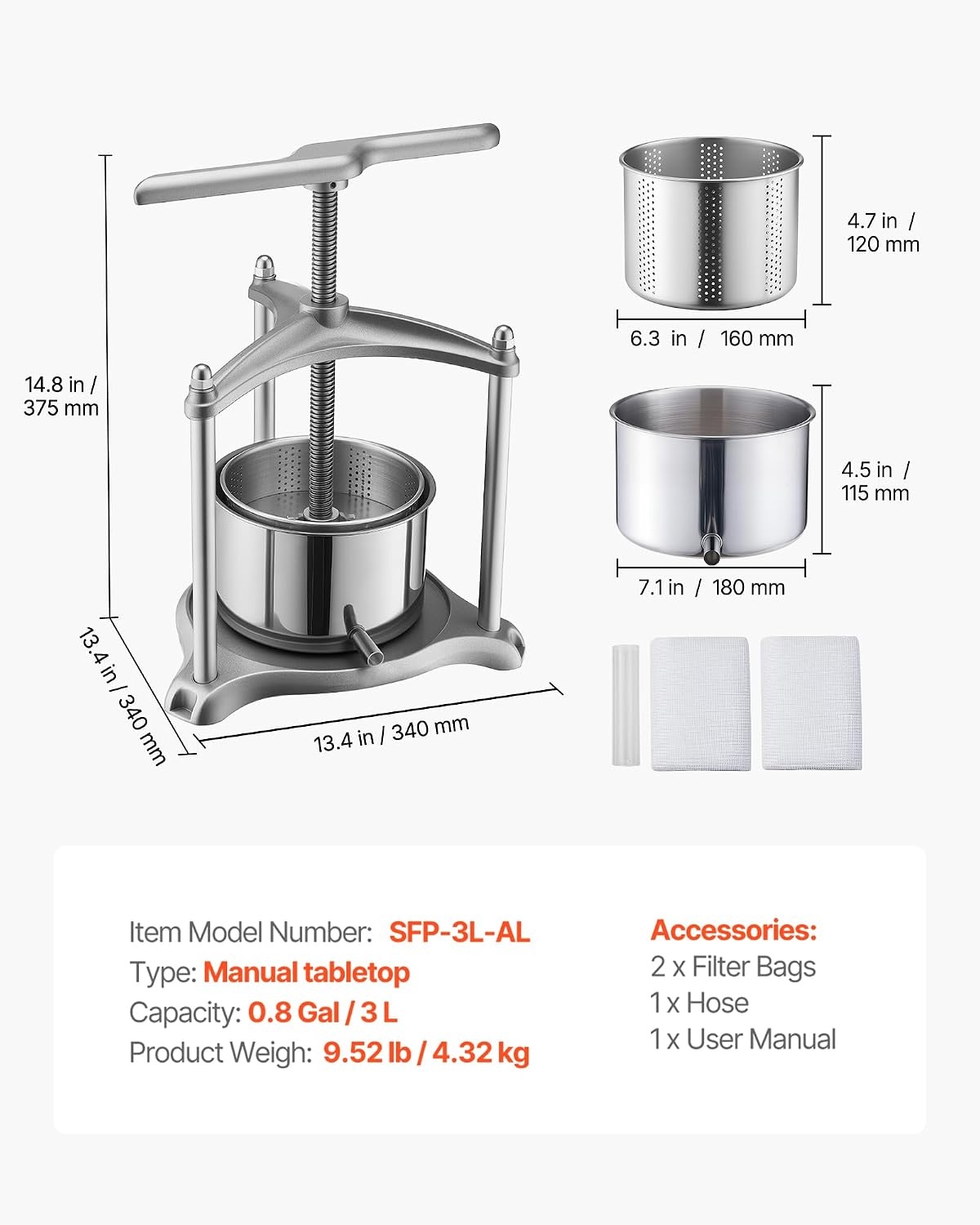 image:imageVEVOR 044 Gal165L Fruit Wine Press 2 Stainless Steel Barrels Manual Juice Maker Cider Apple Grape Tincture Honey Olive Oil Making Press with THandle for Outdoor Kitchen HomeSilver
