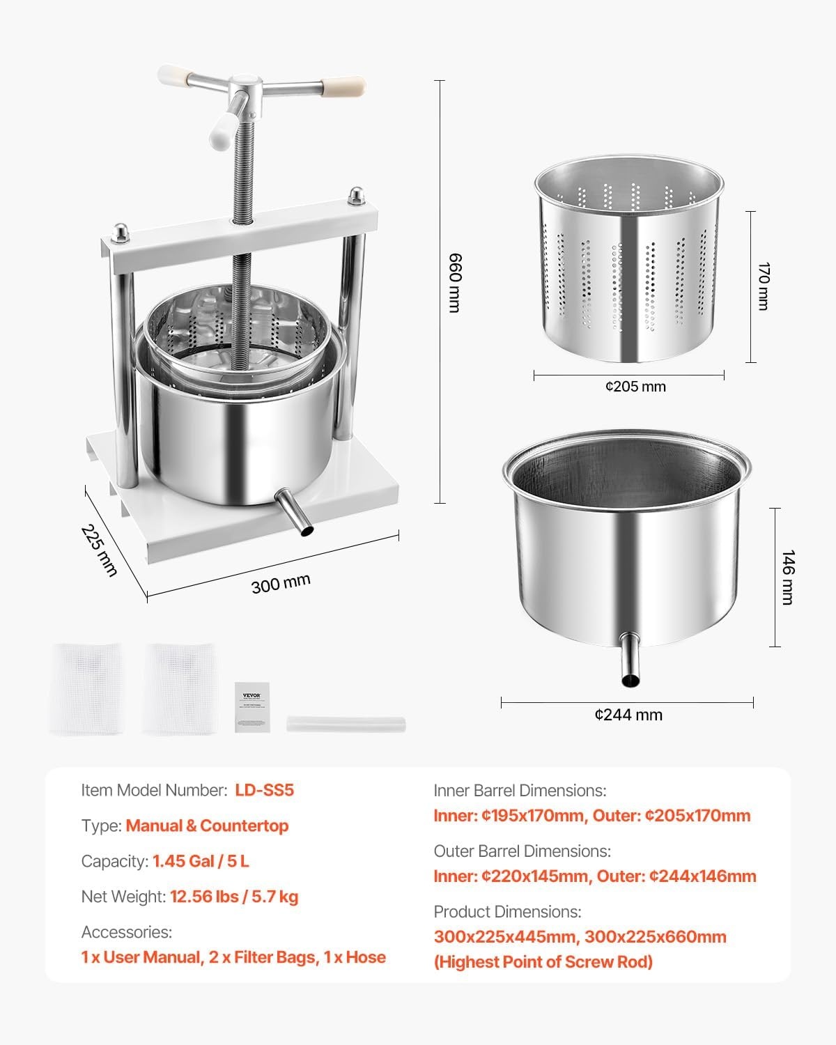 image:imageVEVOR 044 Gal165L Fruit Wine Press 2 Stainless Steel Barrels Manual Juice Maker Cider Apple Grape Tincture Honey Olive Oil Making Press with THandle for Outdoor Kitchen HomeWhite