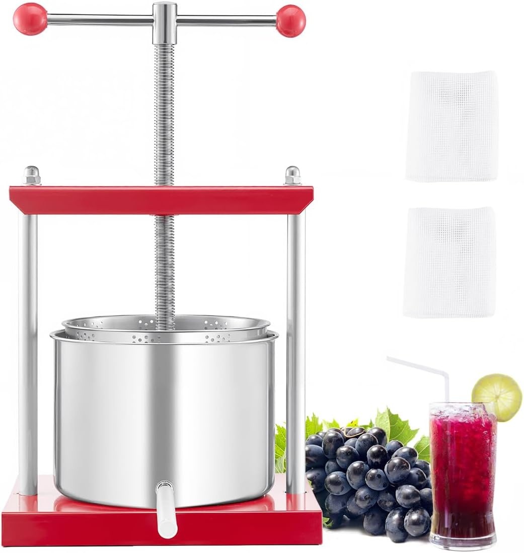 image:imageVEVOR 044 Gal165L Fruit Wine Press 2 Stainless Steel Barrels Manual Juice Maker Cider Apple Grape Tincture Honey Olive Oil Making Press with THandle for Outdoor Kitchen HomeRed