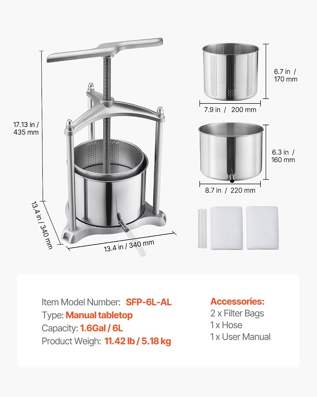 image:imageVEVOR 044 Gal165L Fruit Wine Press 2 Stainless Steel Barrels Manual Juice Maker Cider Apple Grape Tincture Honey Olive Oil Making Press with THandle for Outdoor Kitchen HomeSilver