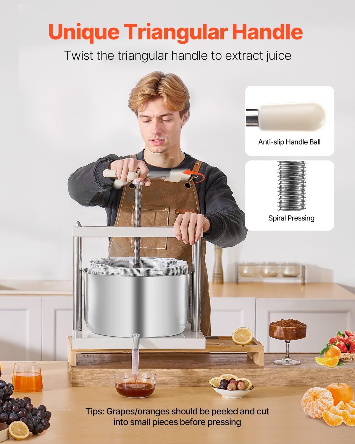 image:imageVEVOR 044 Gal165L Fruit Wine Press 2 Stainless Steel Barrels Manual Juice Maker Cider Apple Grape Tincture Honey Olive Oil Making Press with THandle for Outdoor Kitchen HomeWhite