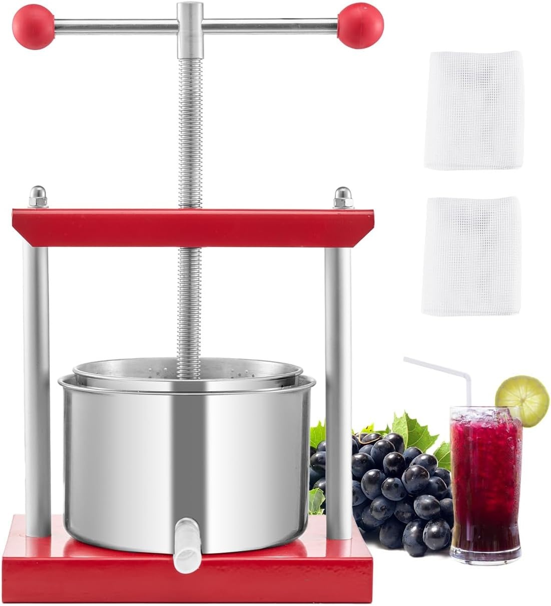 image:imageVEVOR 044 Gal165L Fruit Wine Press 2 Stainless Steel Barrels Manual Juice Maker Cider Apple Grape Tincture Honey Olive Oil Making Press with THandle for Outdoor Kitchen HomeRed